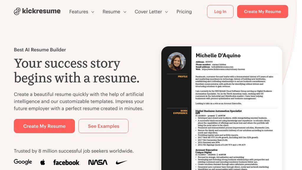 Screenshot of Kickresume: Streamlined Resume & Cover Letter Builder for Job Seekers