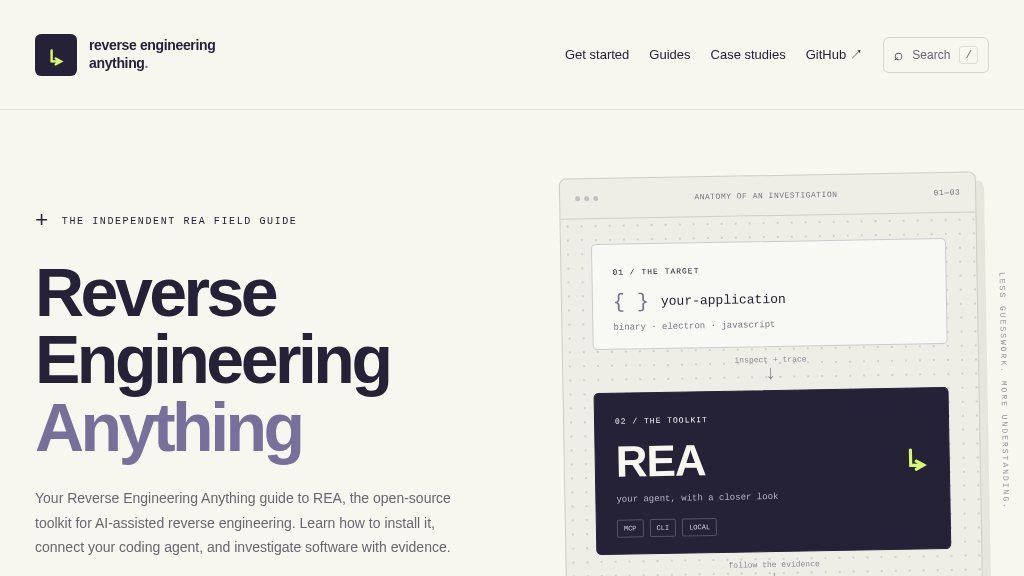 Screenshot of Reverse Engineering Anything (REA): Setup Guides, CLI Reference, and AI-Assisted Analysis