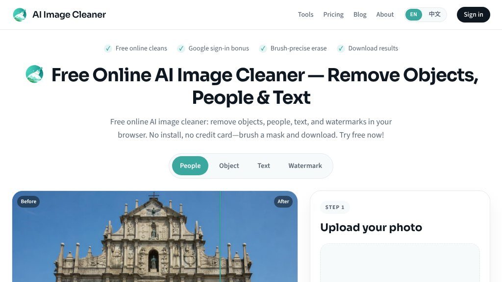 Screenshot of AI Image Cleaner Review: Remove People, Objects, Text, and Watermarks Online