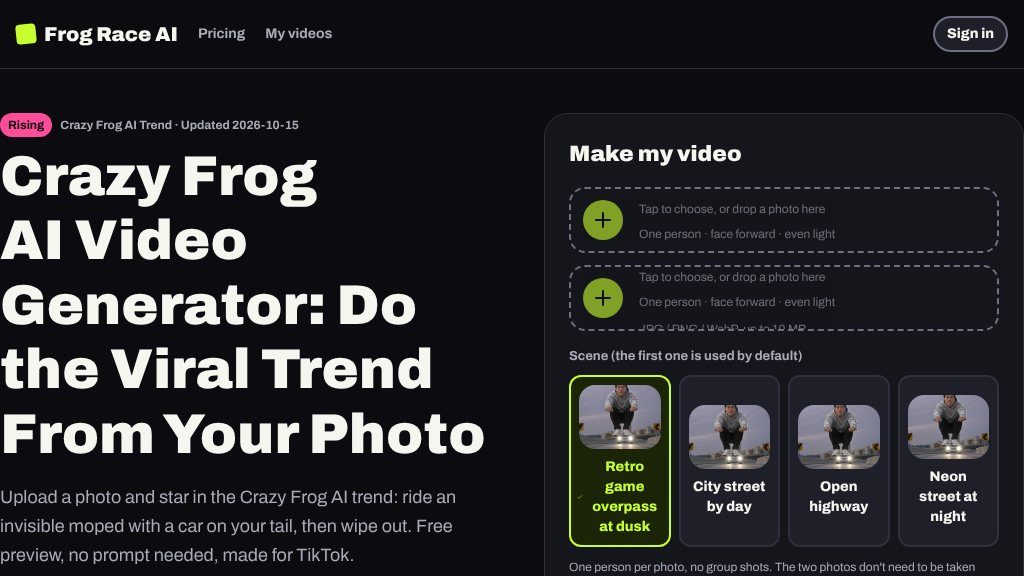 Screenshot of Crazy Frog AI Video Generator Review: Create Invisible Moped Trend Videos from Photos