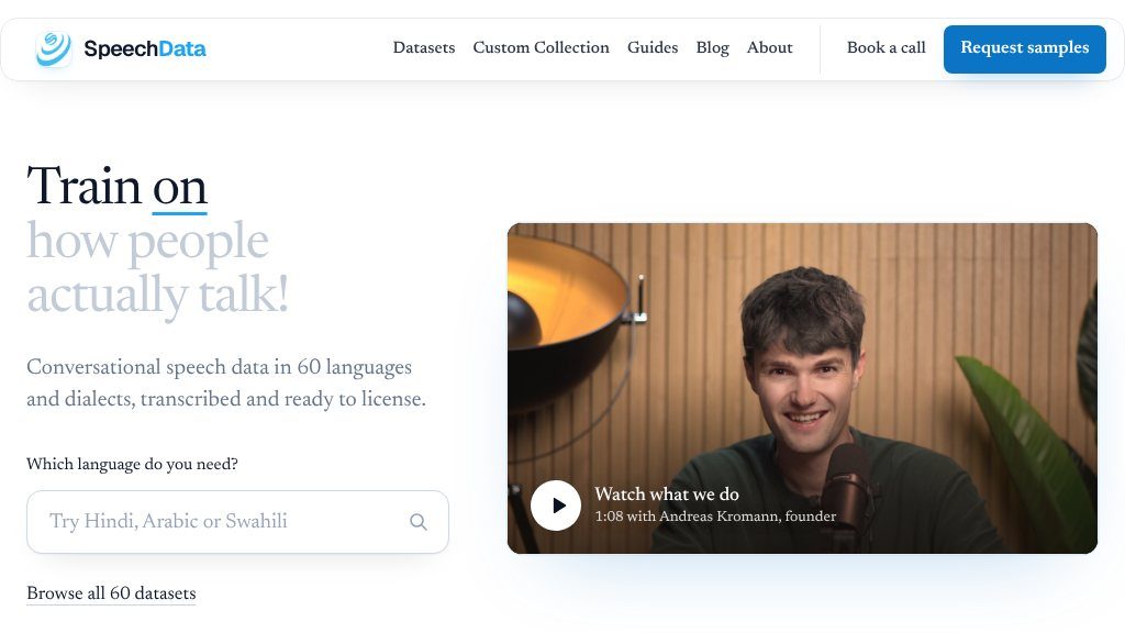 Screenshot of SpeechData.ai Review: Conversational Speech Datasets in 60 Languages