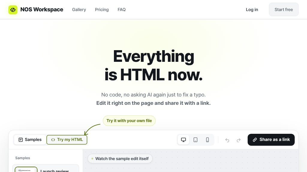 Screenshot of NOS Workspace Review: Edit, Share, and Organize HTML Documents Online