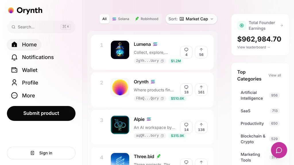 Screenshot of Orynth: Discover Early-Stage Products and Support Creators
