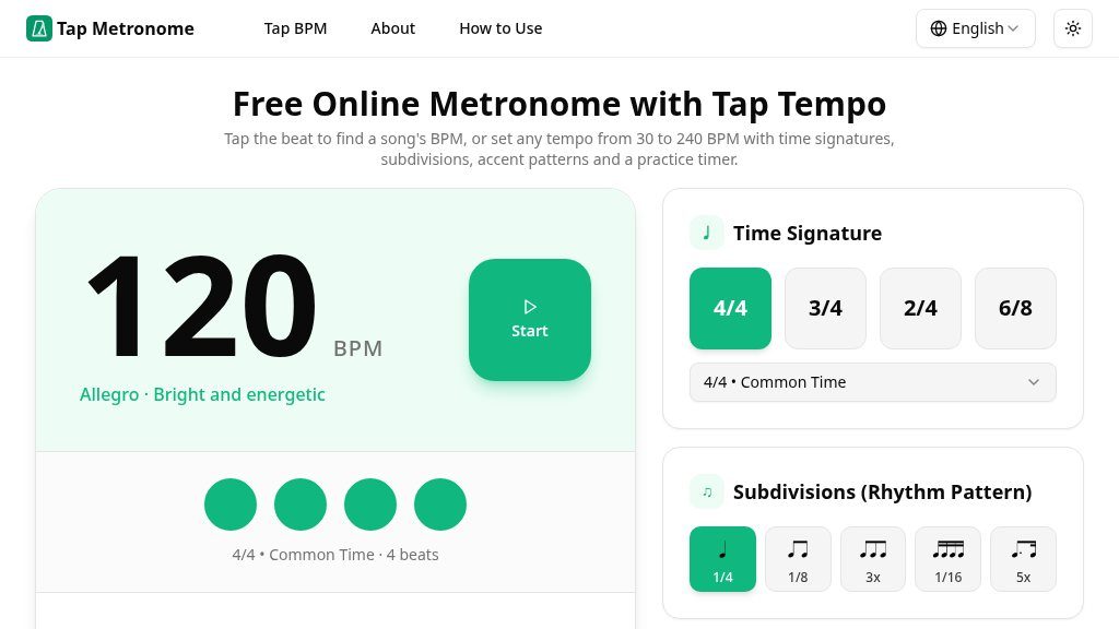 Screenshot of Tap Metronome Review: Free Online BPM Tool with Tap Tempo and Practice Timer