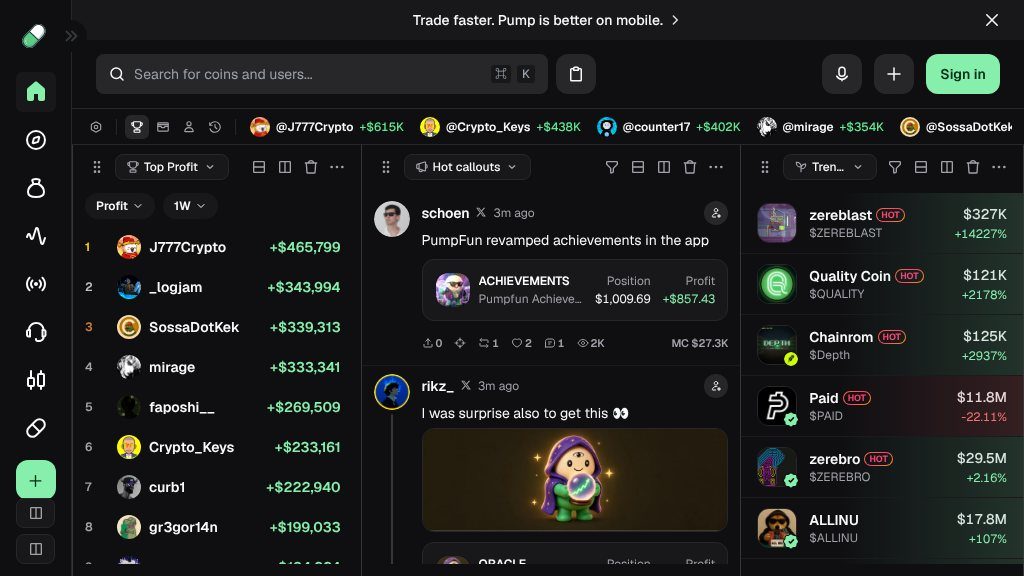 Screenshot of Pump.fun: Explore and Trade Memecoins on Solana